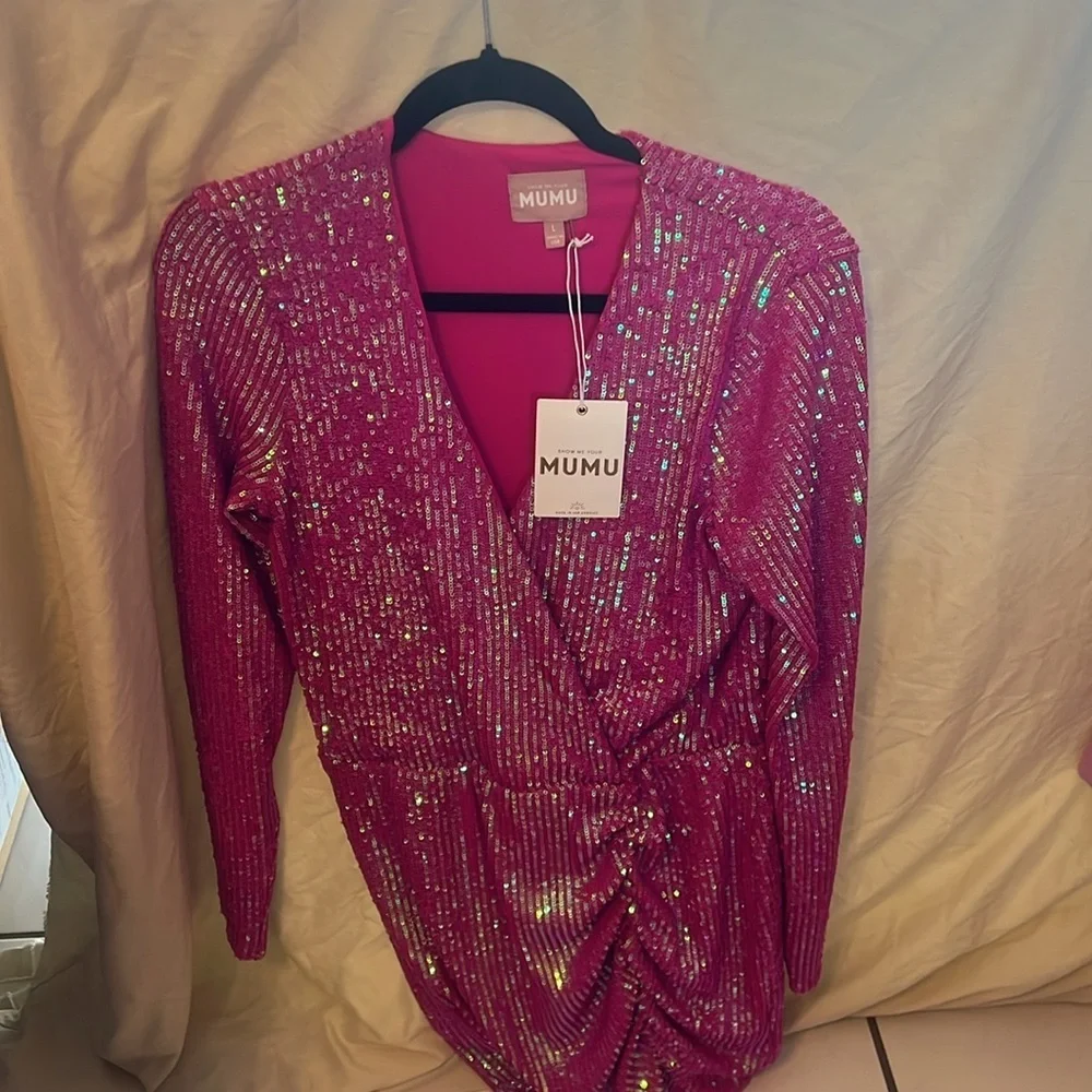 Show Me Your MuMu Party Hop Sparkling Hot Pink Sequin Party Mini Dress Barbie Lg - Picture 4 of 7